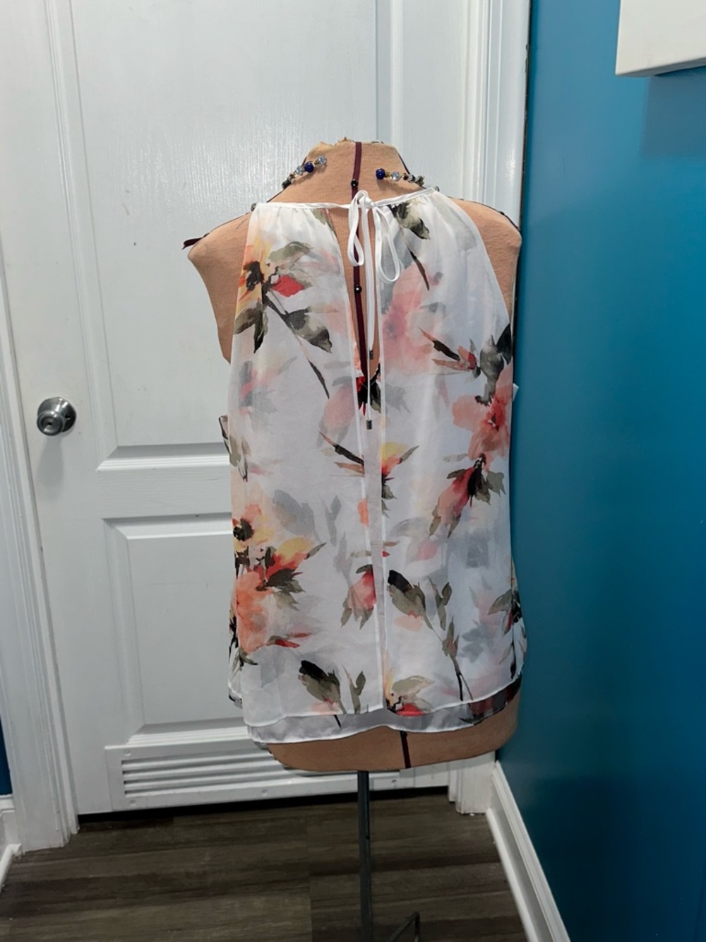 White House Black Market Floral Chiffon Halter Tank in White with Pink Accents